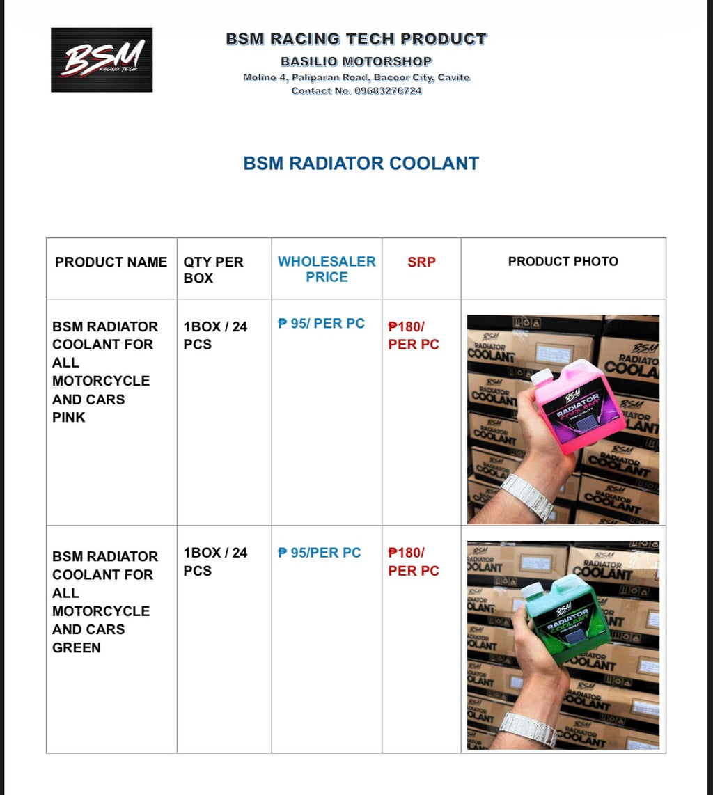 BSM RADIATOR COOLANT WHOLESALE PRICE (MINIMUM OF 1BOX)